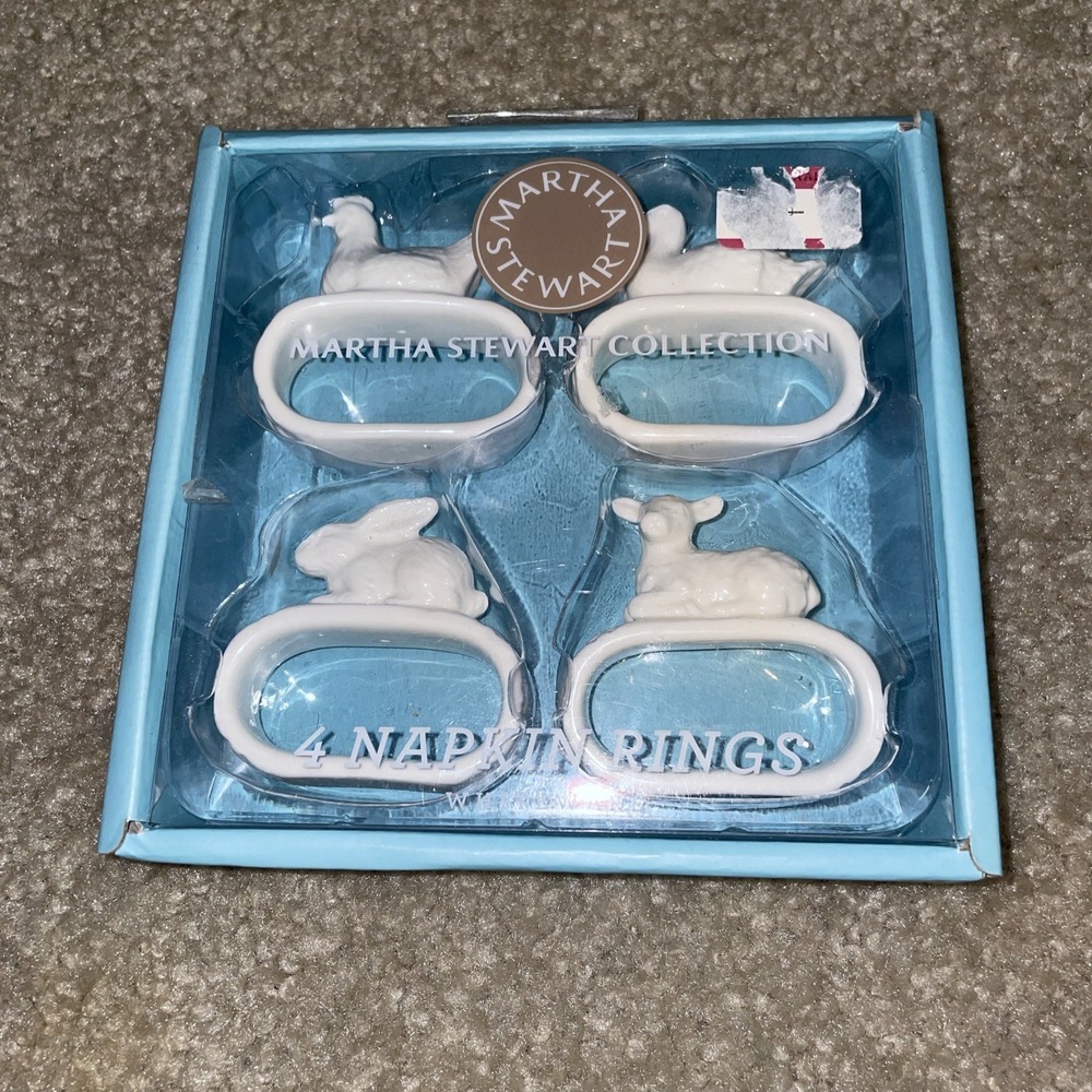 Martha Stewart Collection White Ceramic Easter Animal‎ Napkin Rings Set of 4 New